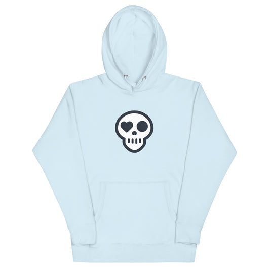 A Sky Blue / S unisex_Afterlife Hoodie from Phobea with a heart eye skull logo