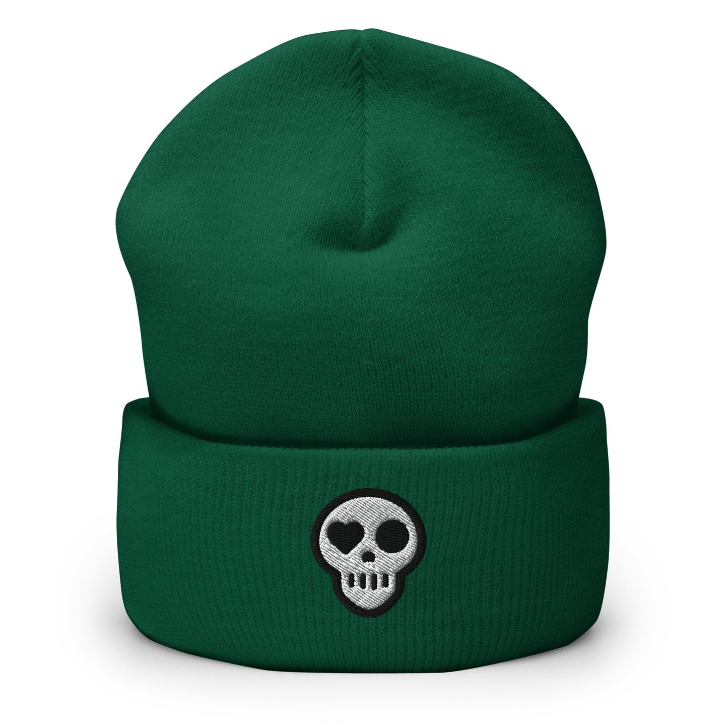 A Spruce hats_hearth beanie from Phobea with a heart eye skull logo