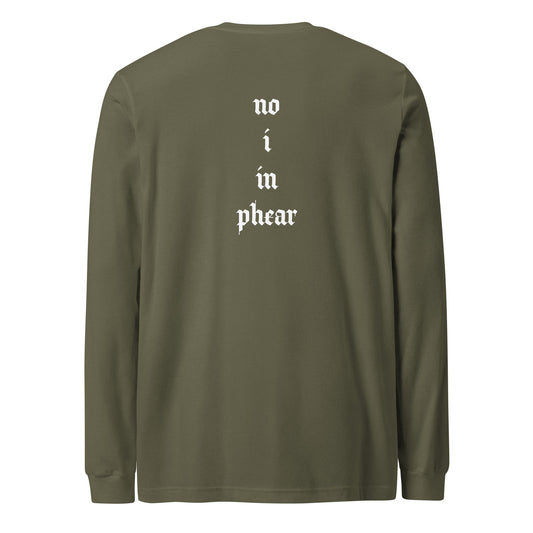 A unisex_no_i_tee_longsleeve from Phobea with a heart eye skull logo