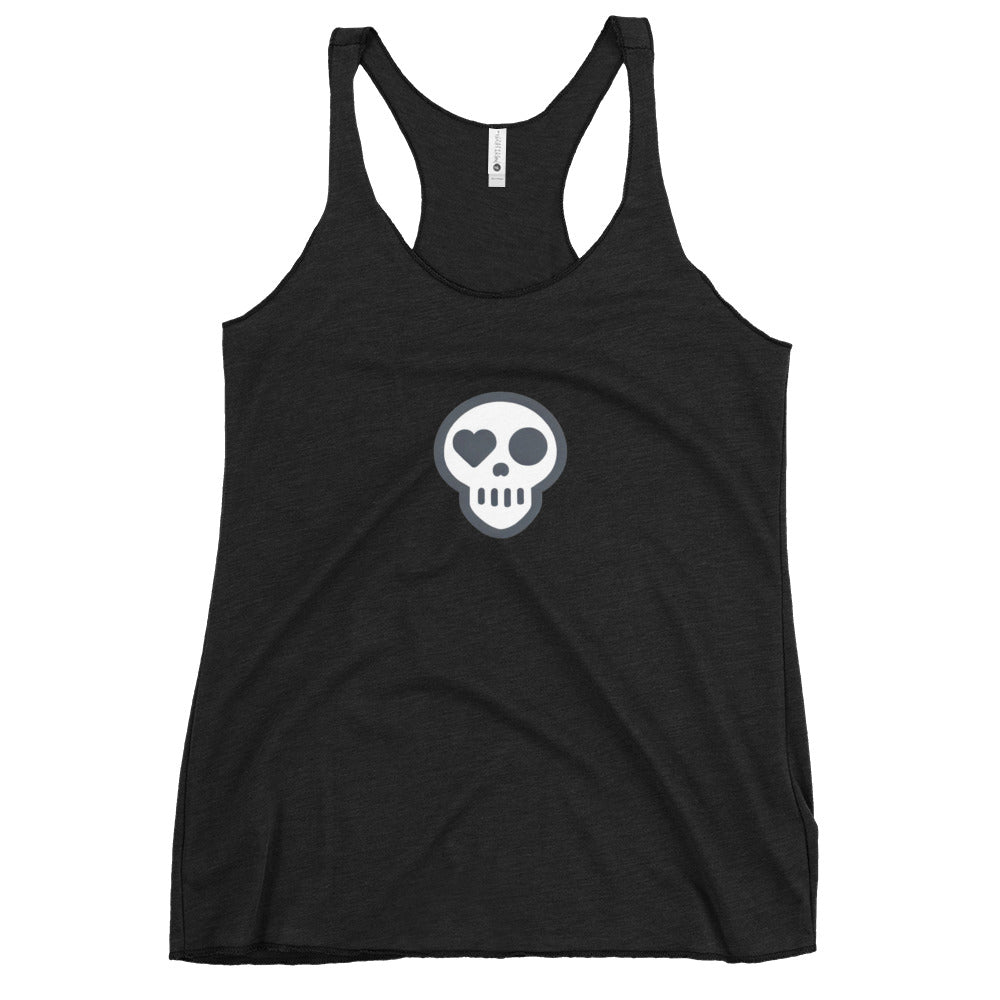 A Vintage Black / XS womens_Pulse Tank from Phobea with a heart eye skull logo