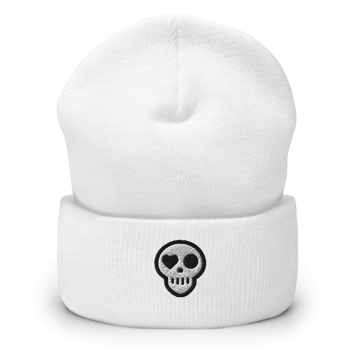A White Hats - Hearth Beanie from Phobea with a heart eye skull logo