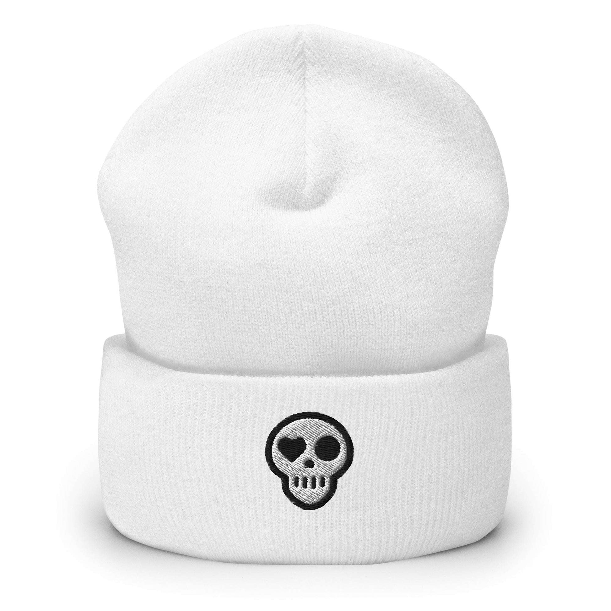 A White Hats - Hearth Beanie from Phobea with a heart eye skull logo