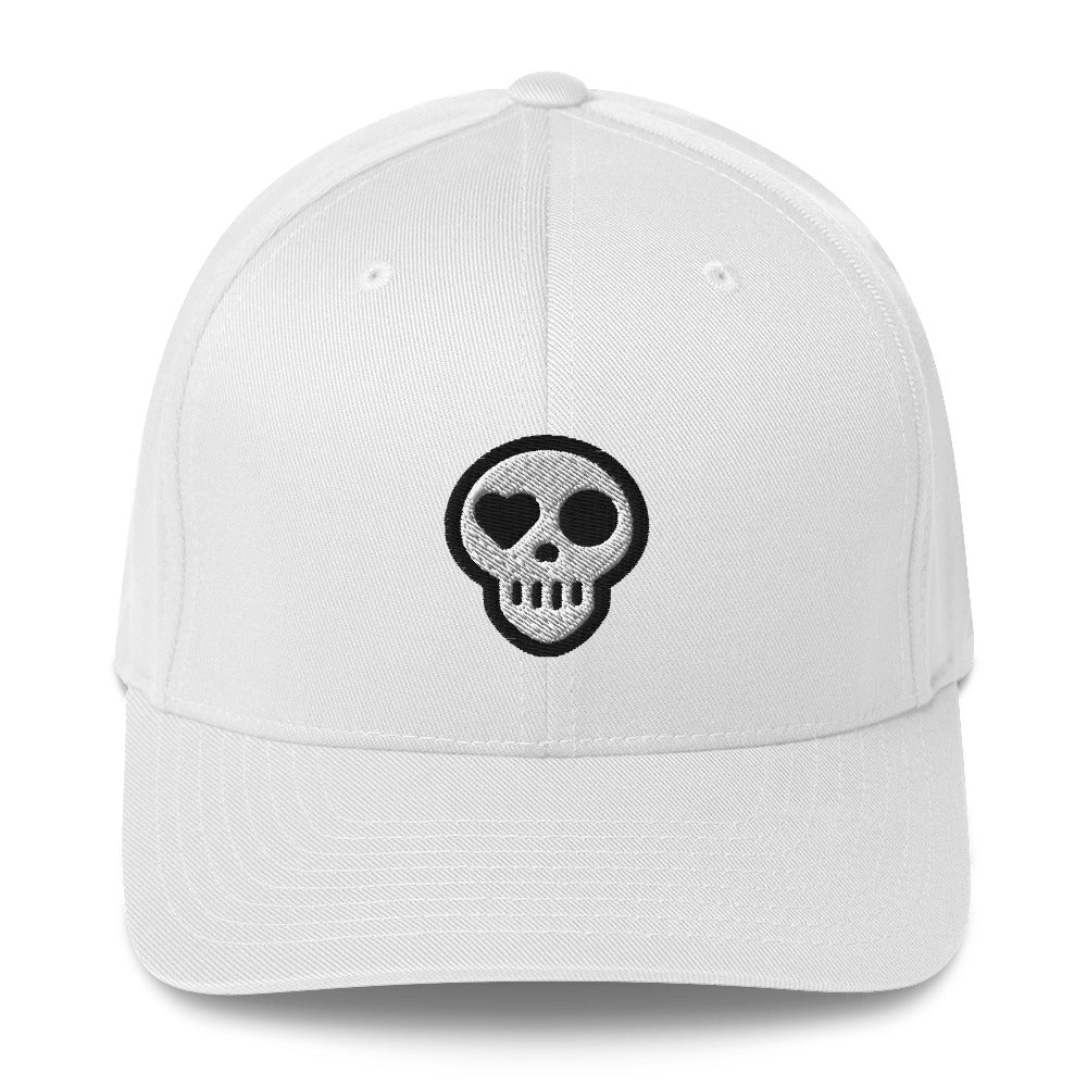A White / S/M hats_fitted eclipse cap from Phobea with a heart eye skull logo