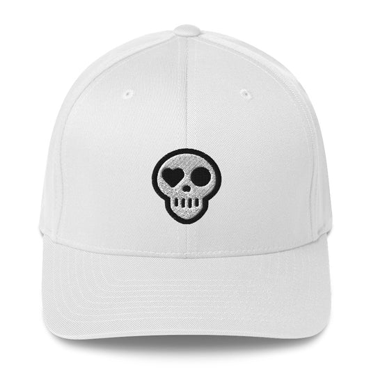 A White / S/M hats_fitted eclipse cap from Phobea with a heart eye skull logo