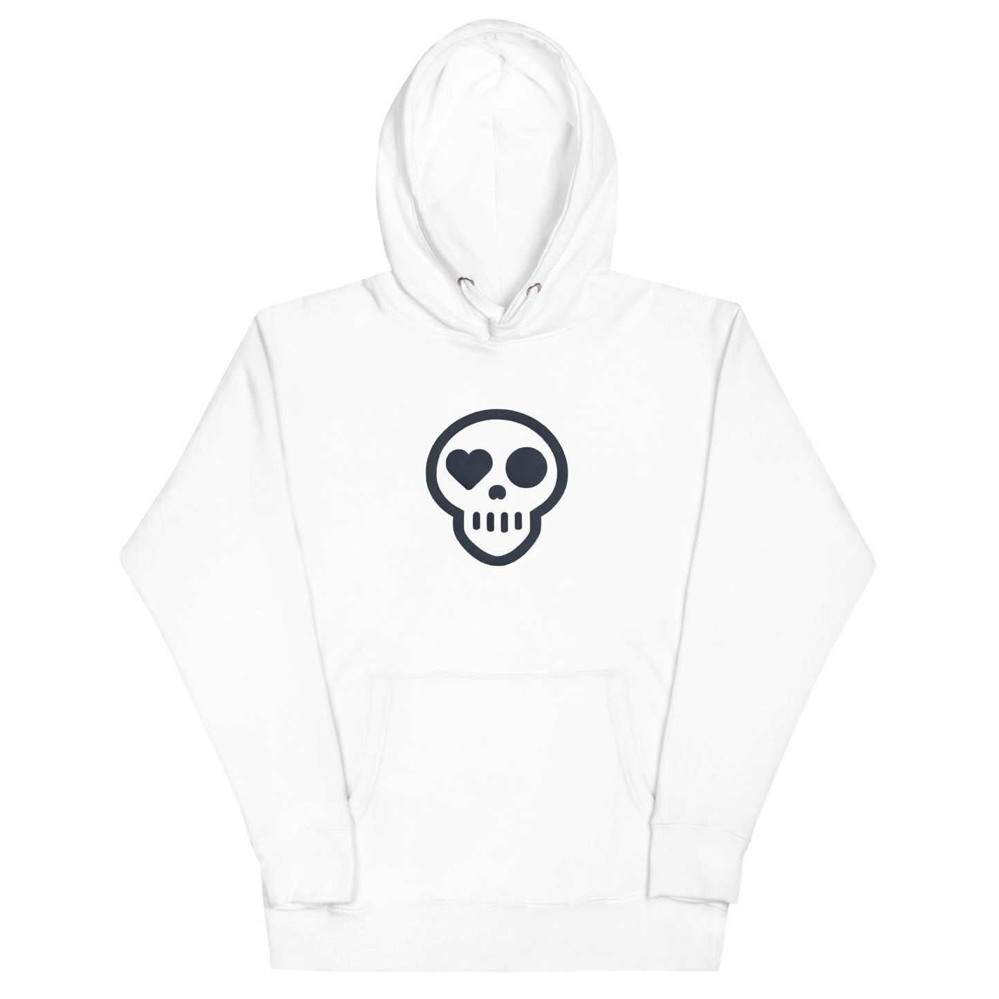 A White / S unisex_Afterlife Hoodie from Phobea with a heart eye skull logo