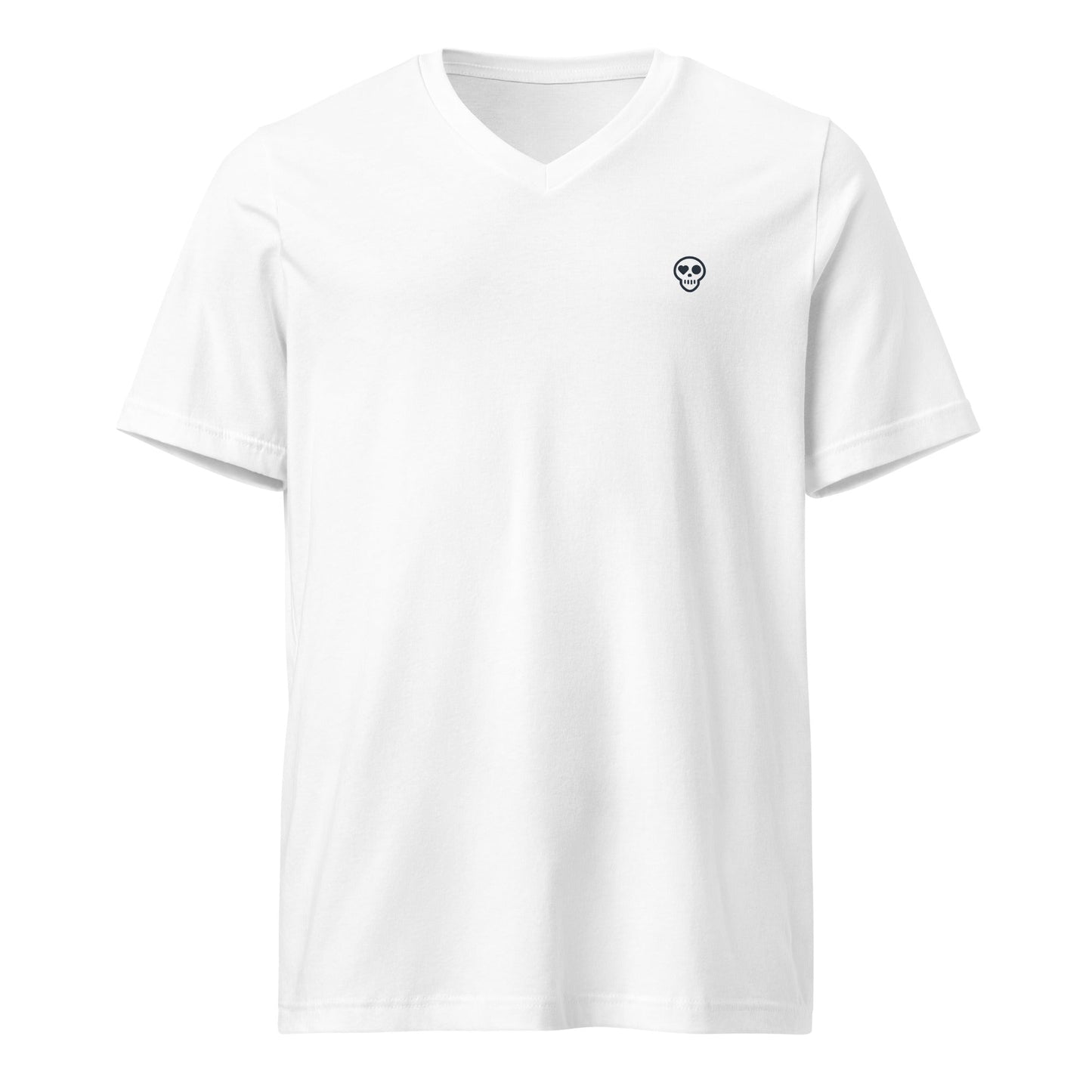 A White / S unisex_Crossroads V-neck from Phobea with a heart eye skull logo