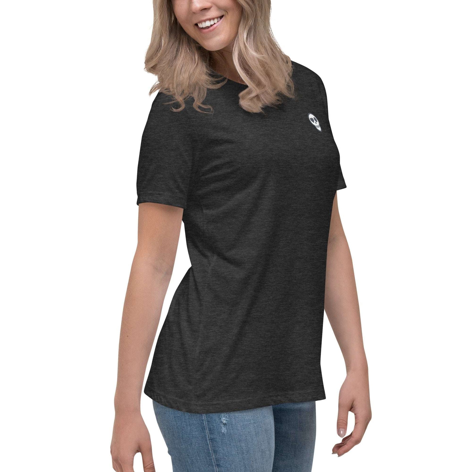A womens_Echo Tee from Phobea with a heart eye skull logo