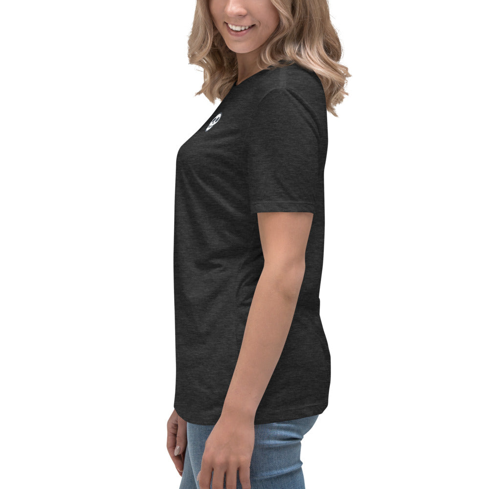 A womens_Echo Tee from Phobea with a heart eye skull logo