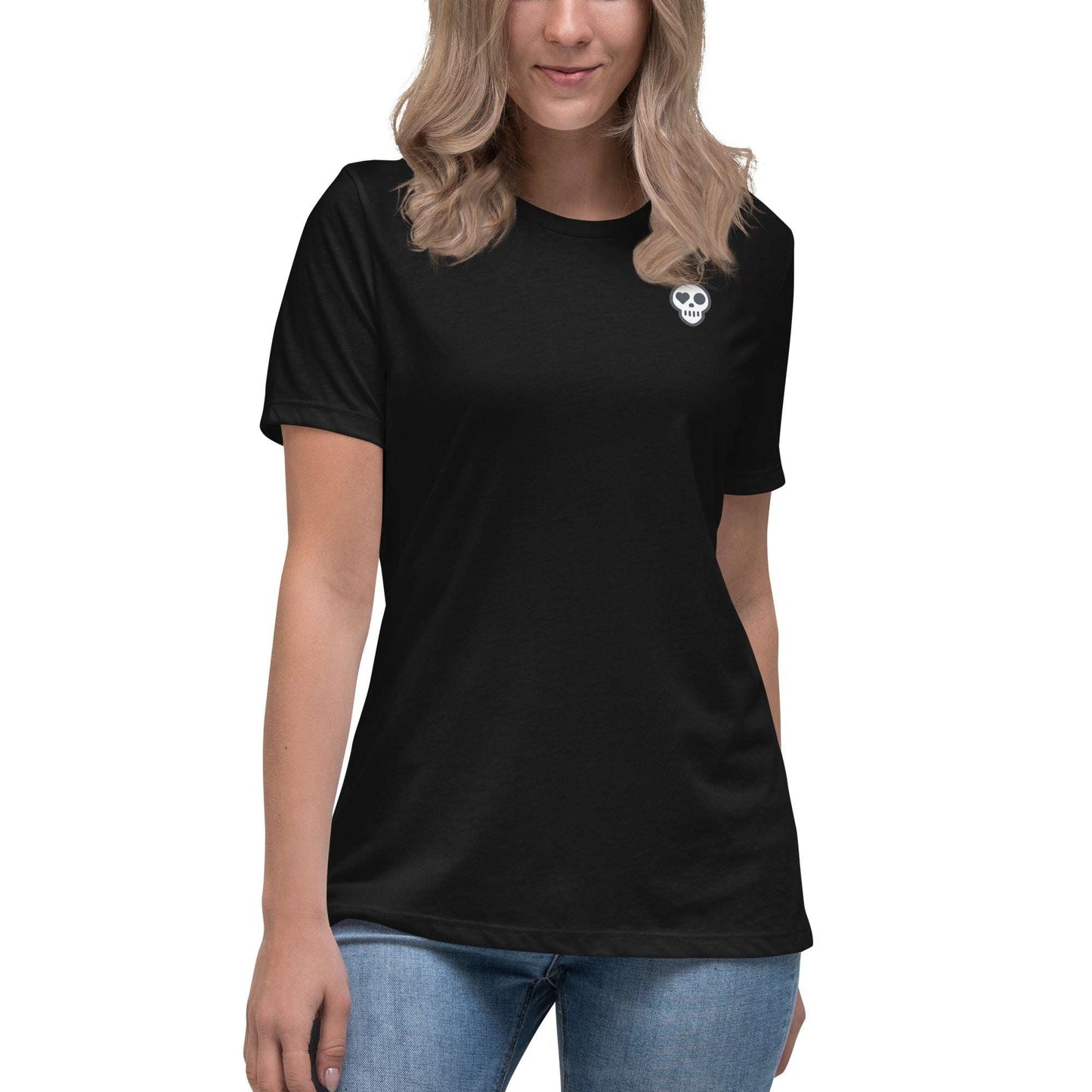 A womens_Echo Tee from Phobea with a heart eye skull logo