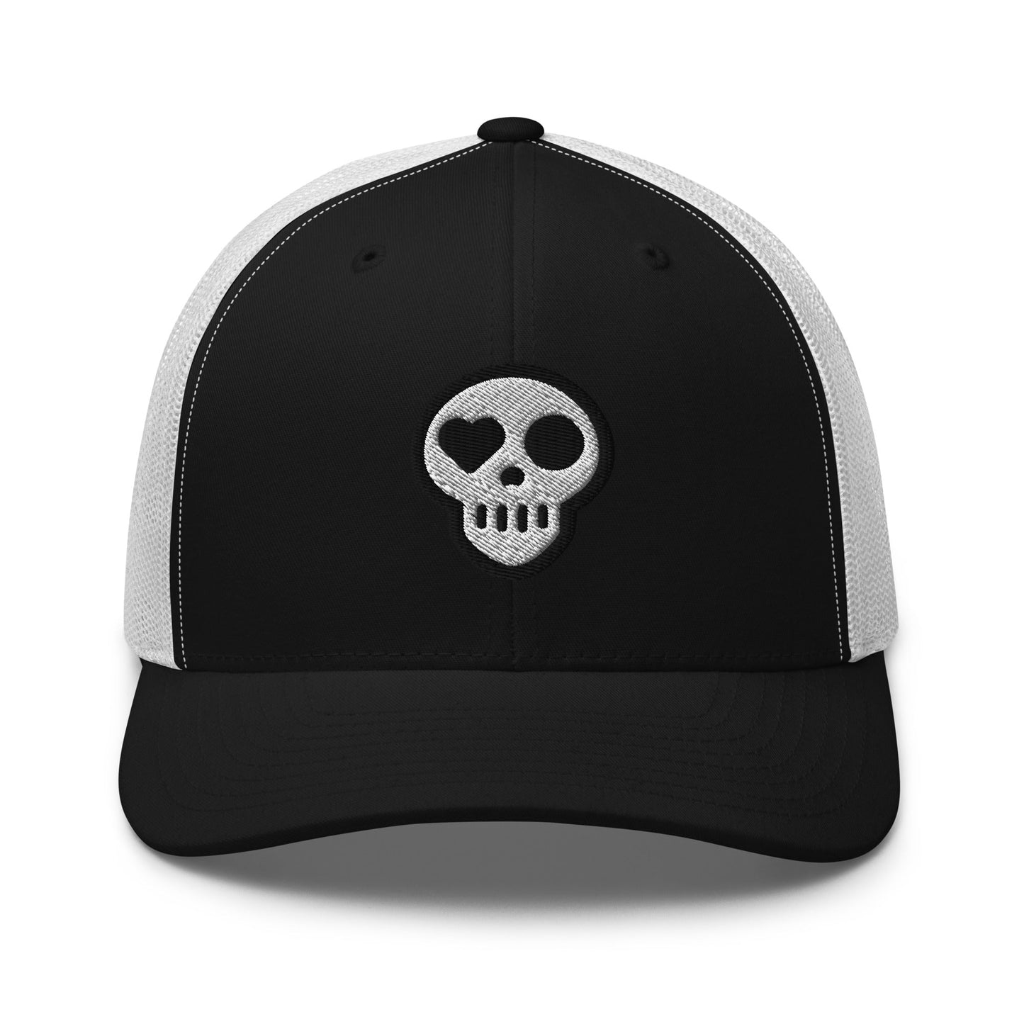 A Black/ White hats_nomad trucker from Phobea with a heart eye skull logo