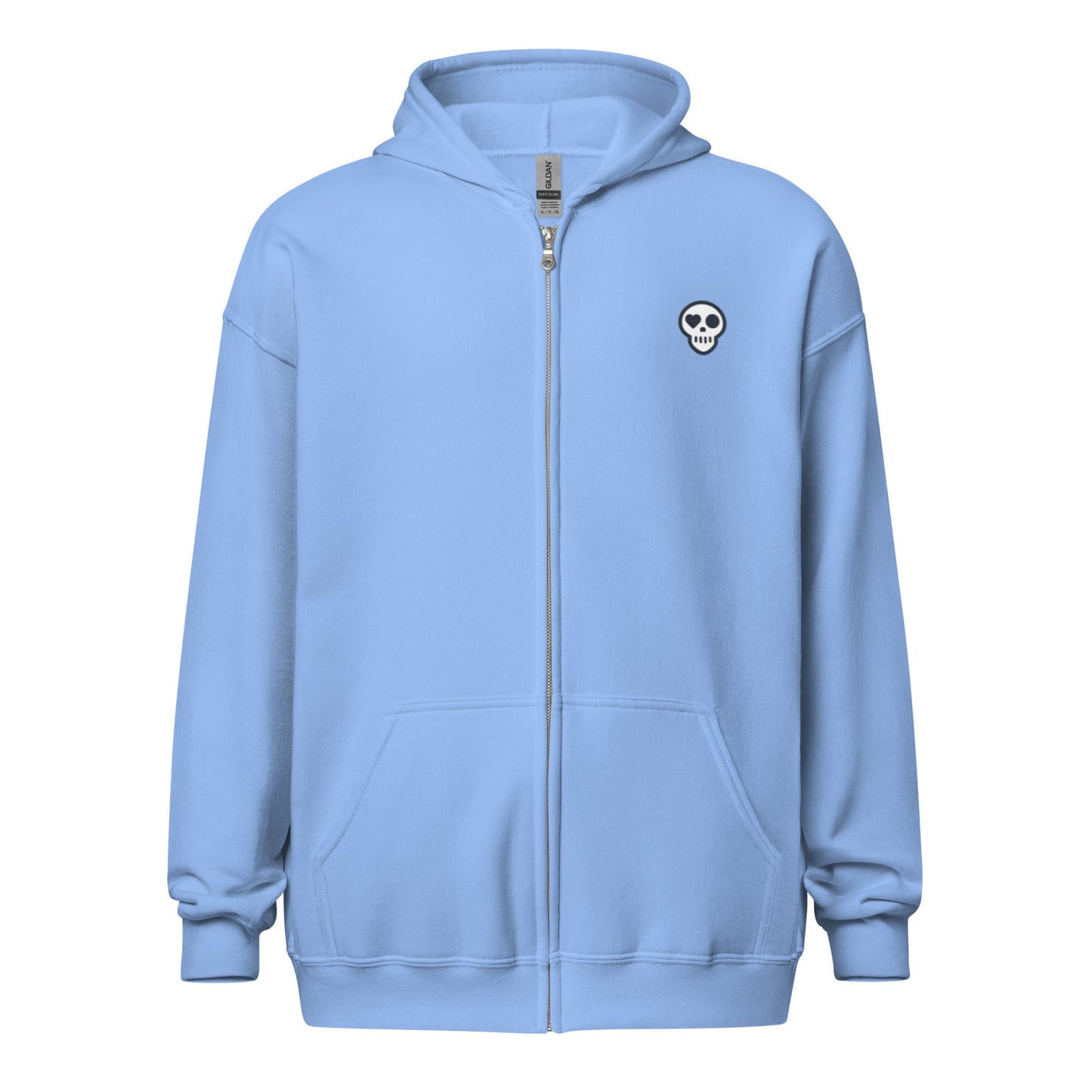 A Carolina Blue / S unisex_phantom zip from Phobea with a heart eye skull logo