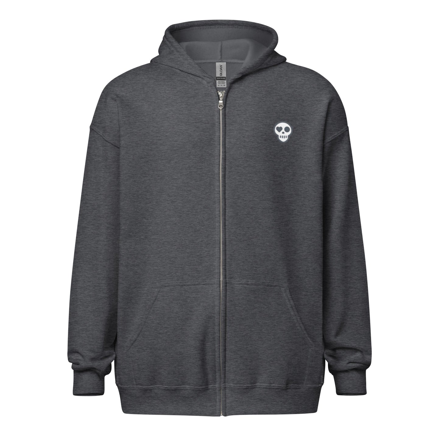 A Dark Heather / S unisex_phantom zip from Phobea with a heart eye skull logo