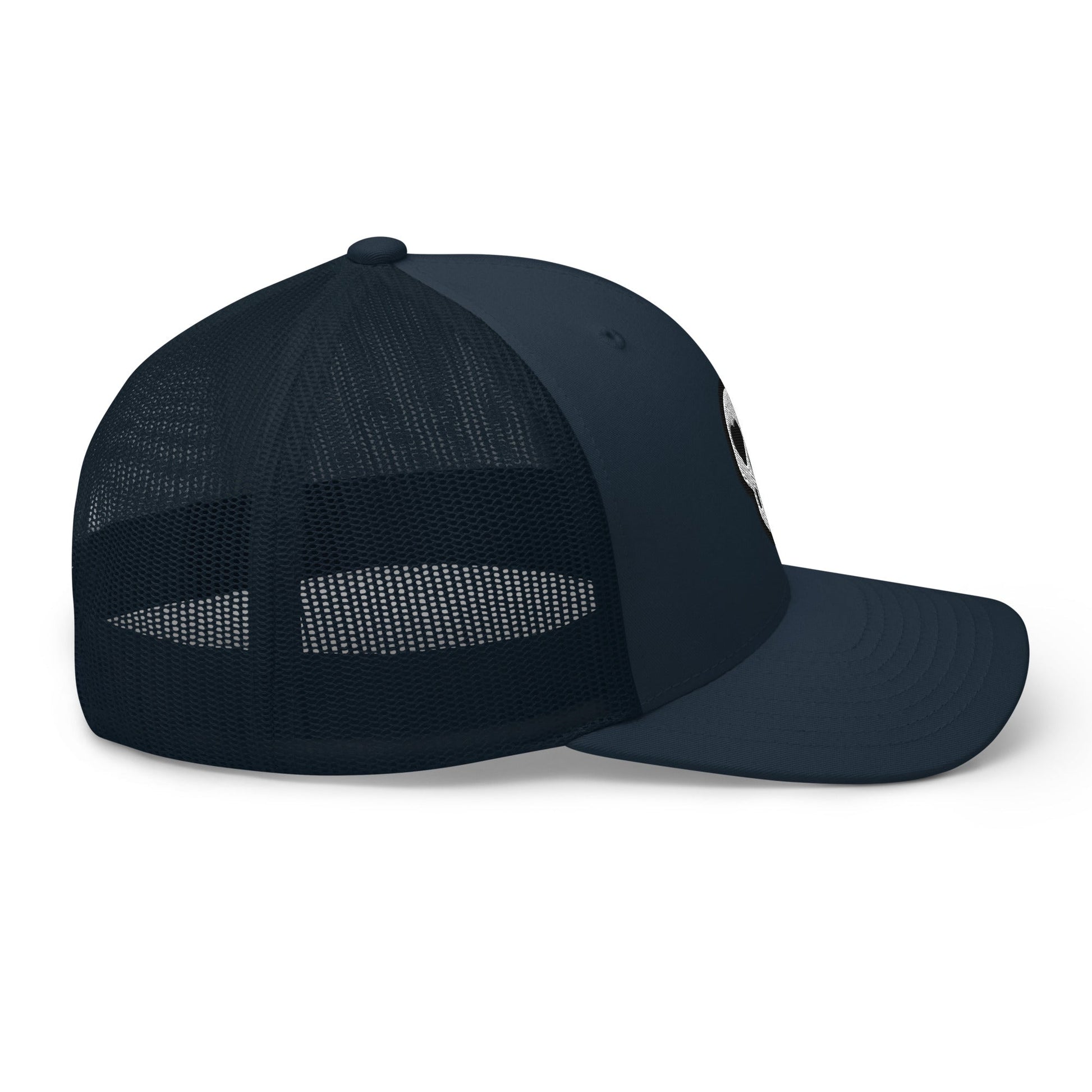 A hats_nomad trucker from Phobea with a heart eye skull logo