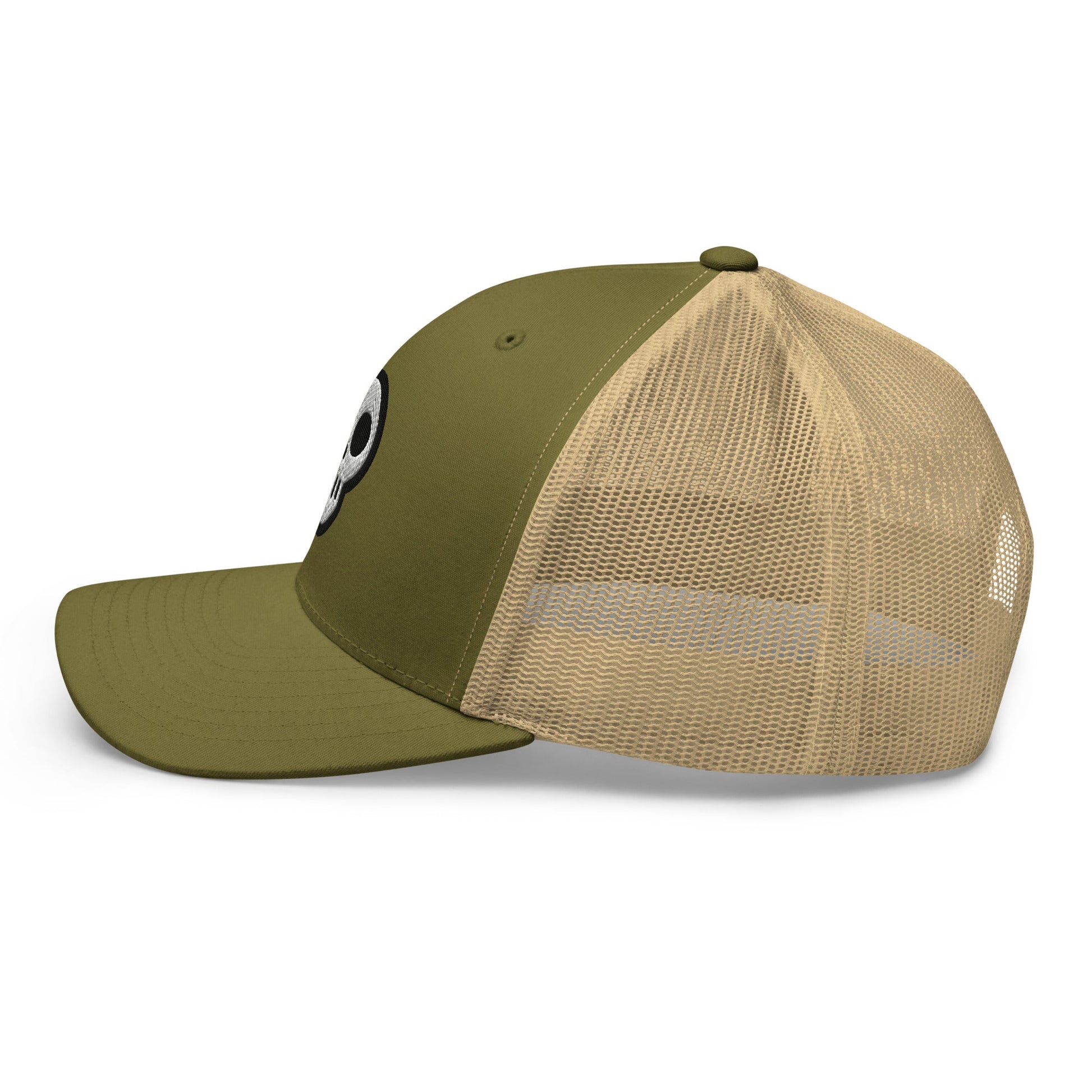 A hats_nomad trucker from Phobea with a heart eye skull logo