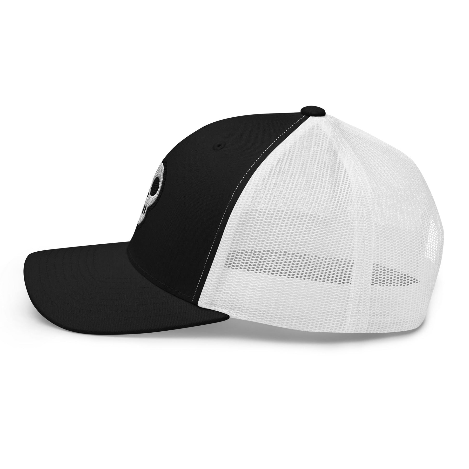 A hats_nomad trucker from Phobea with a heart eye skull logo
