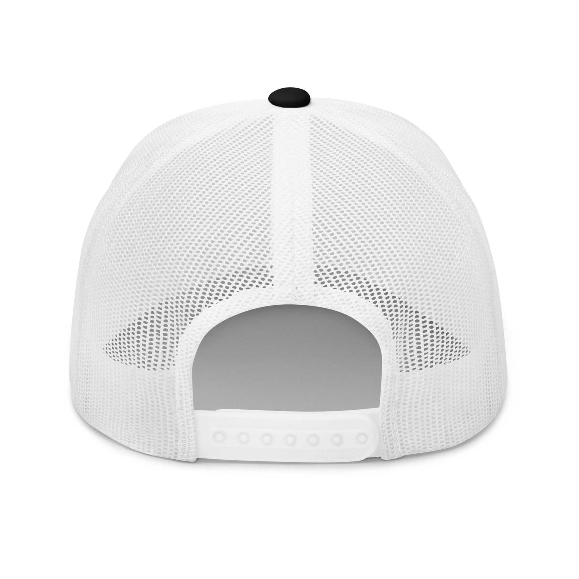 A hats_nomad trucker from Phobea with a heart eye skull logo
