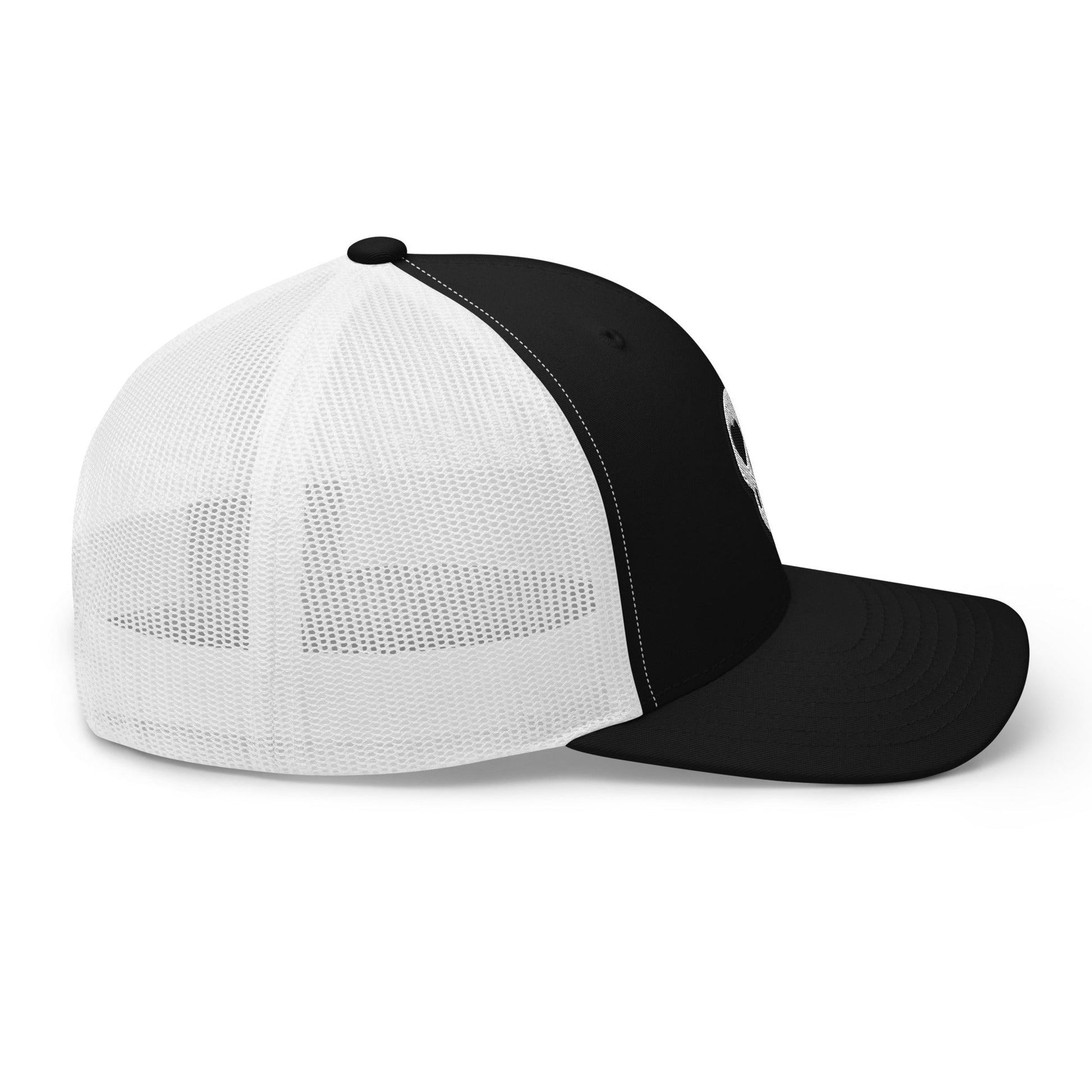 A hats_nomad trucker from Phobea with a heart eye skull logo