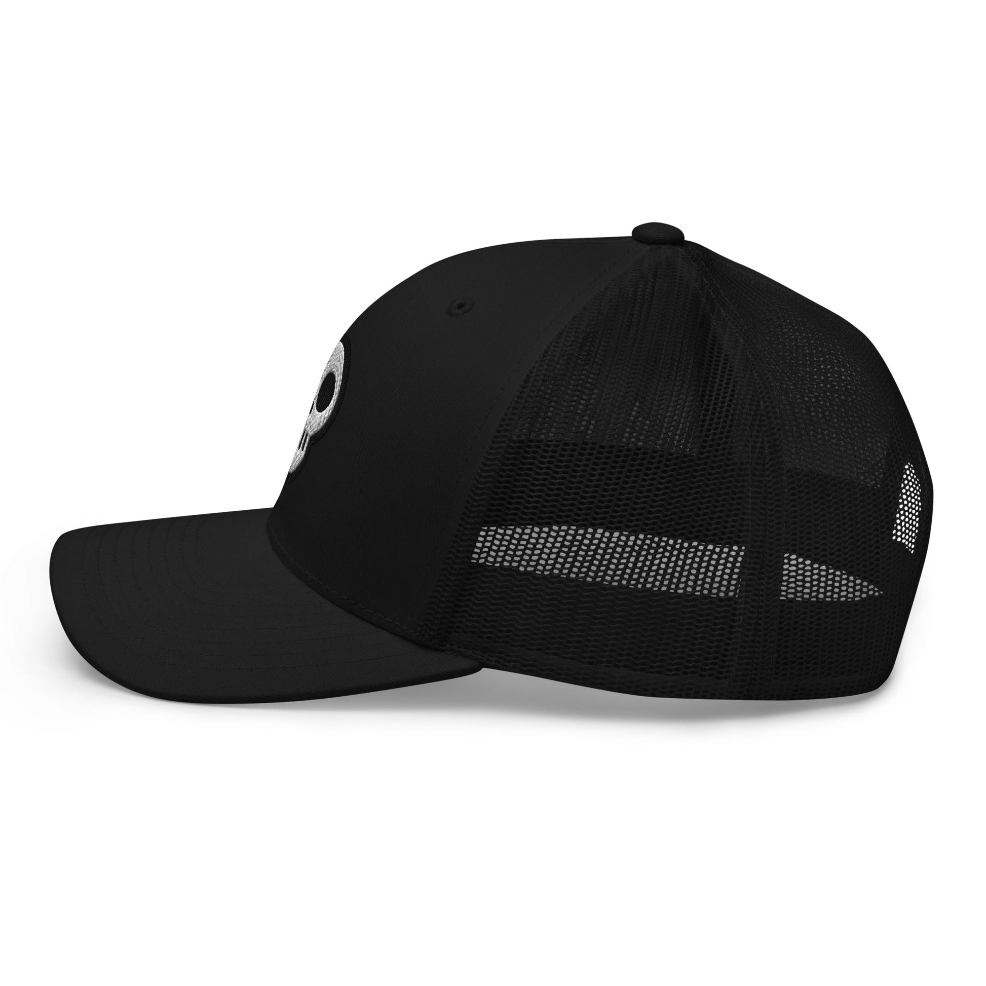 A hats_nomad trucker from Phobea with a heart eye skull logo