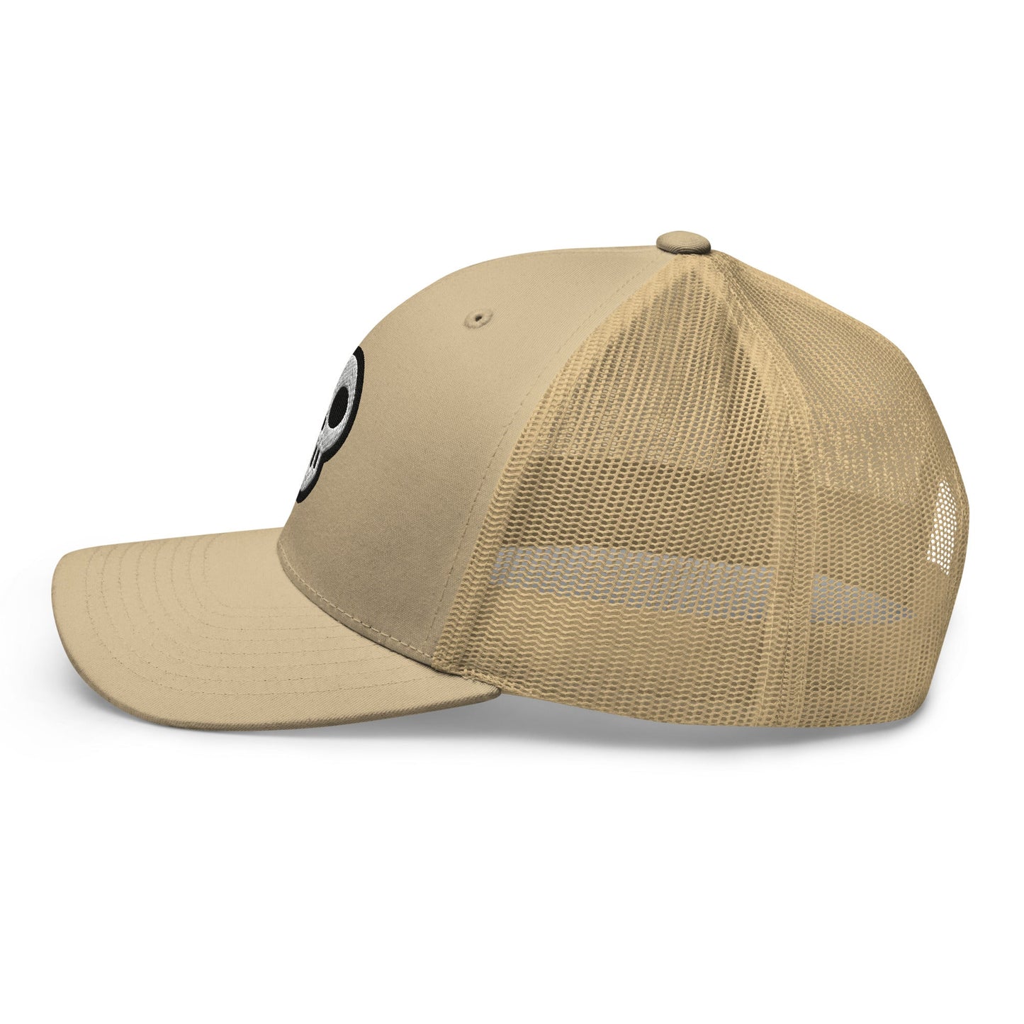 A hats_nomad trucker from Phobea with a heart eye skull logo