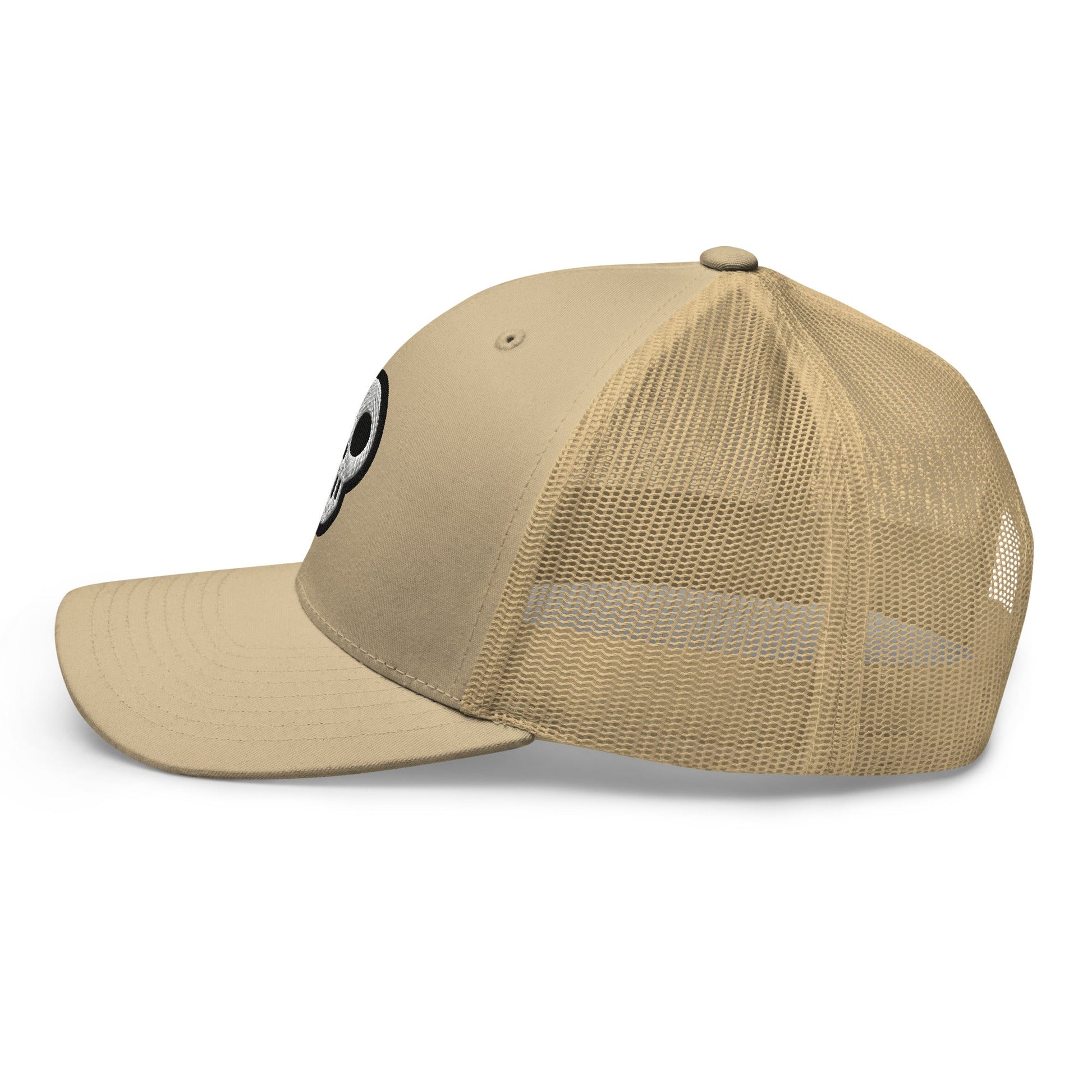 A hats_nomad trucker from Phobea with a heart eye skull logo