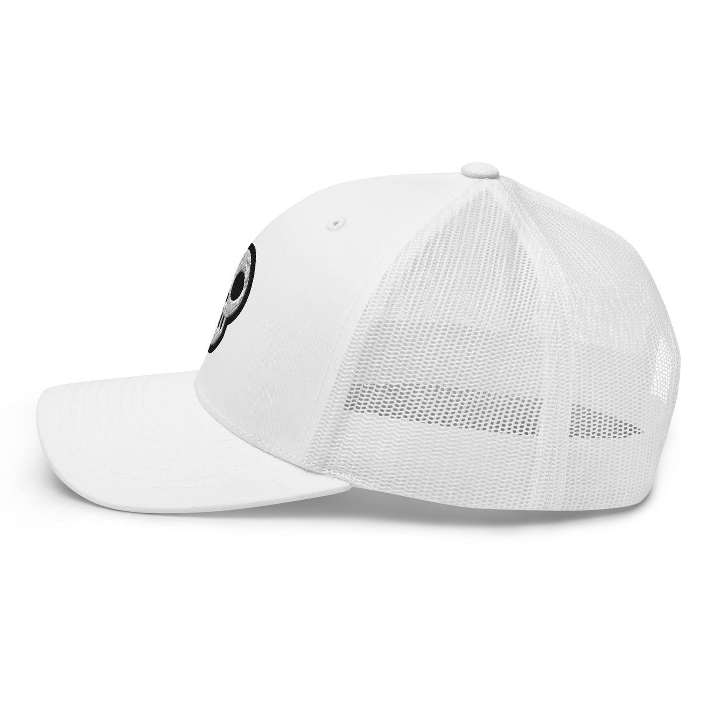 A hats_nomad trucker from Phobea with a heart eye skull logo