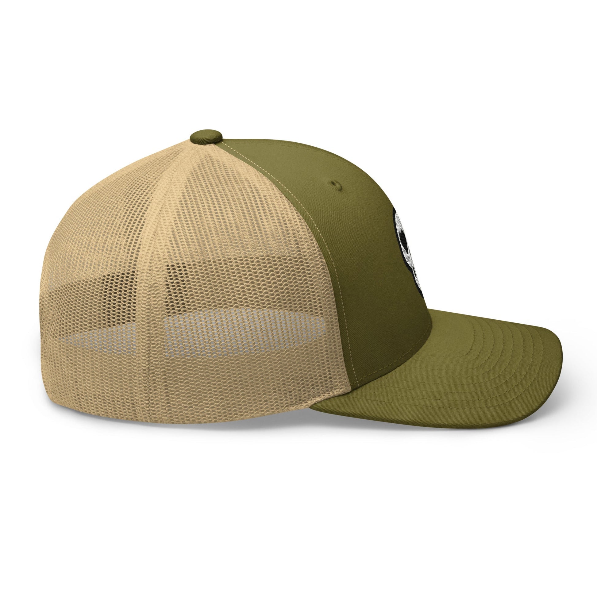 A hats_nomad trucker from Phobea with a heart eye skull logo