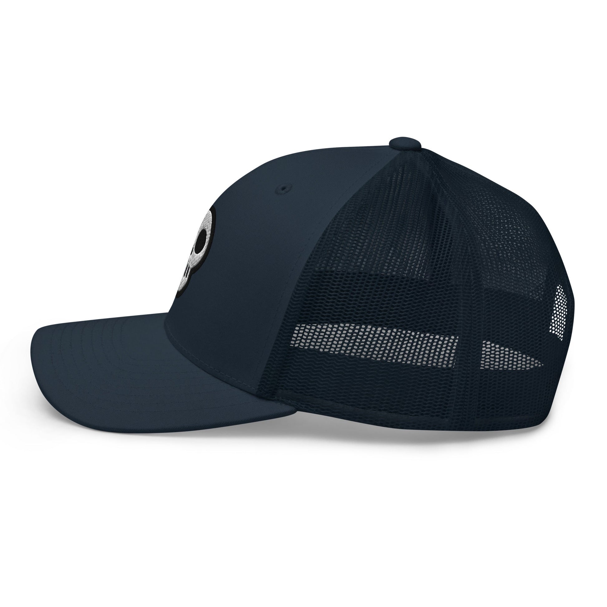 A hats_nomad trucker from Phobea with a heart eye skull logo