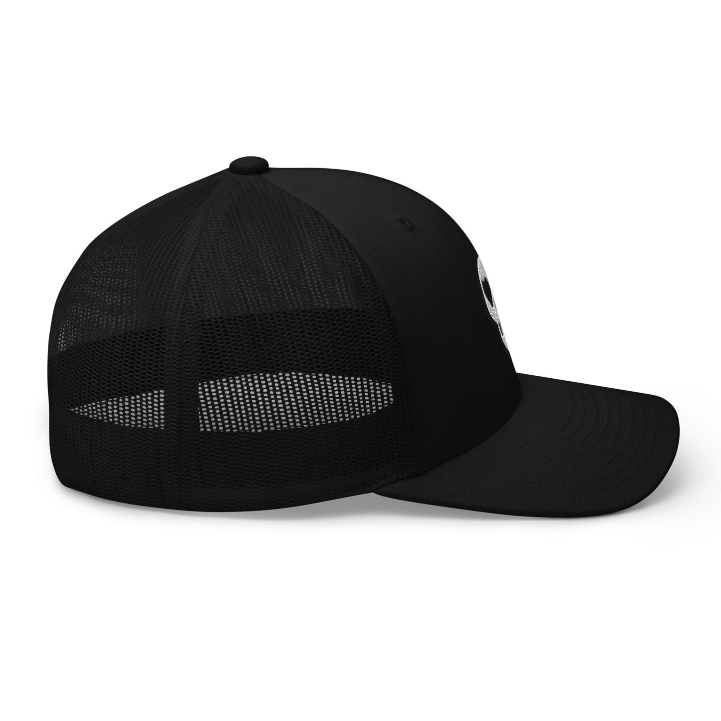 A hats_nomad trucker from Phobea with a heart eye skull logo