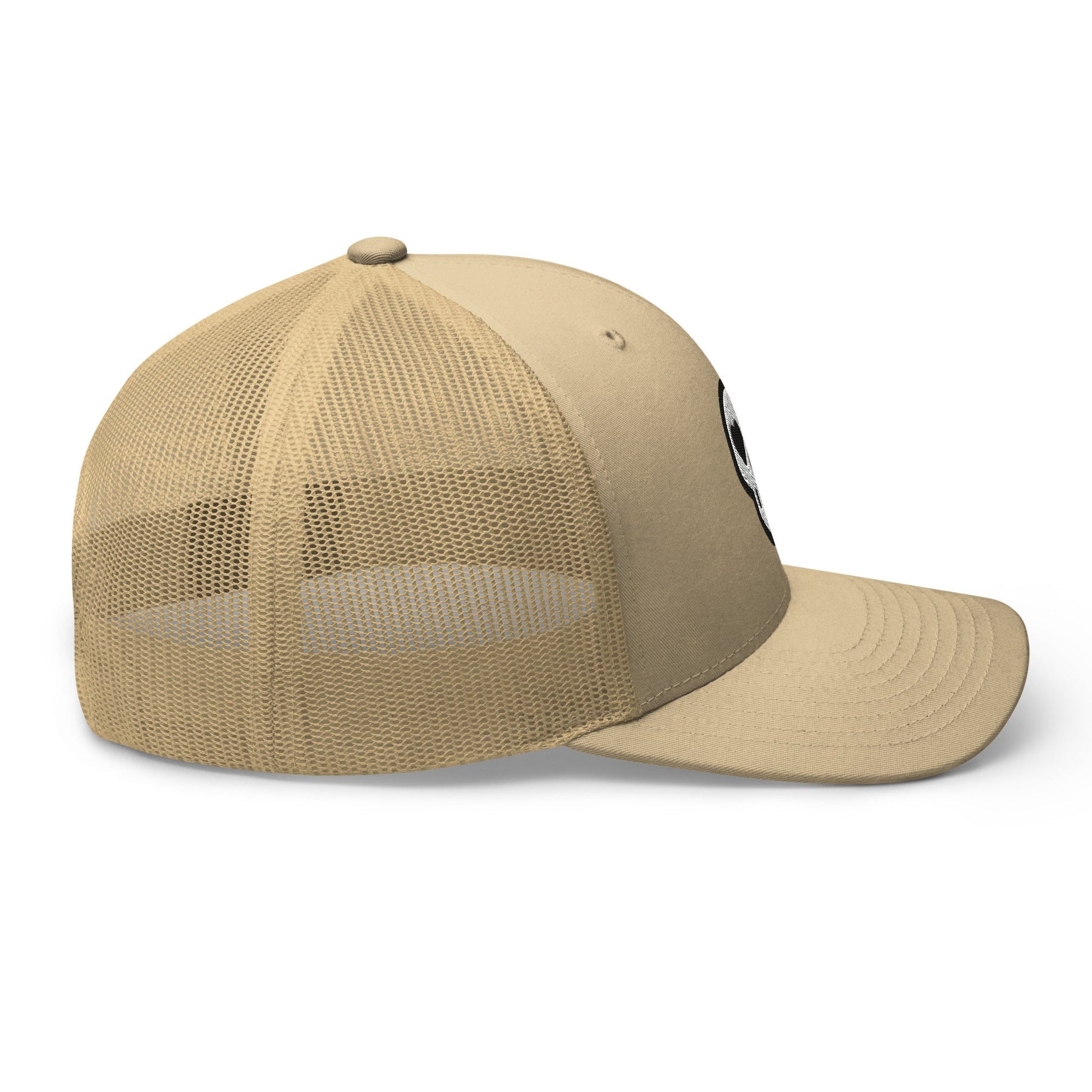 A hats_nomad trucker from Phobea with a heart eye skull logo
