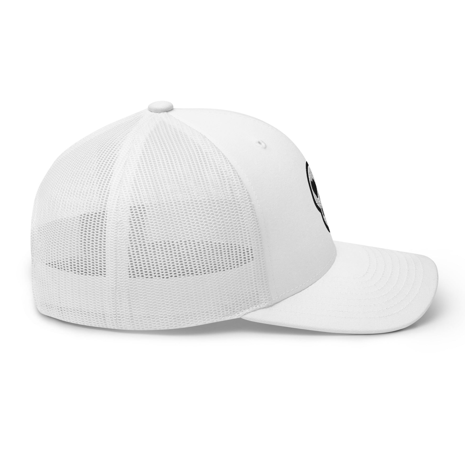 A hats_nomad trucker from Phobea with a heart eye skull logo