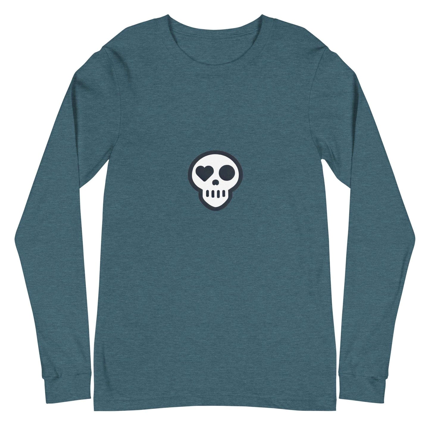 A Heather Deep Teal / XS unisex_Reckoning Tee from Phobea with a heart eye skull logo