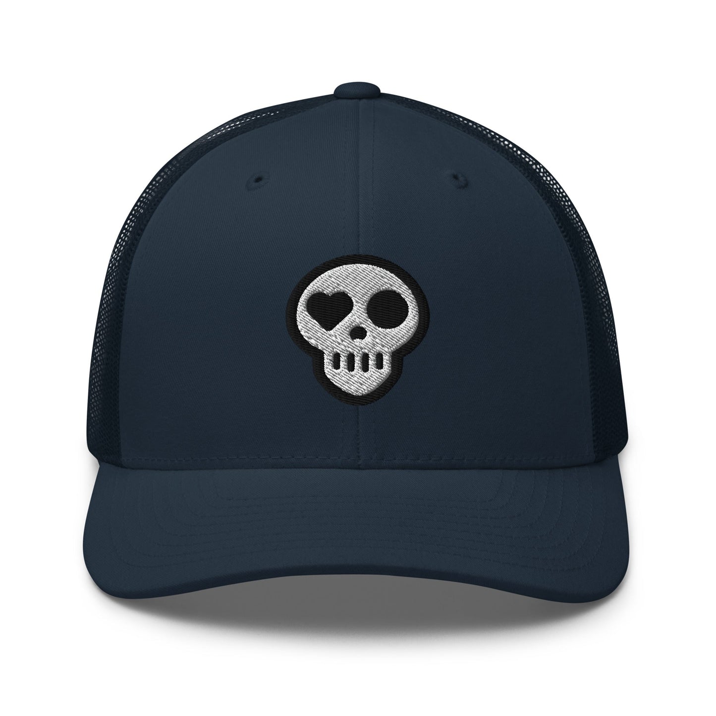 A Navy hats_nomad trucker from Phobea with a heart eye skull logo
