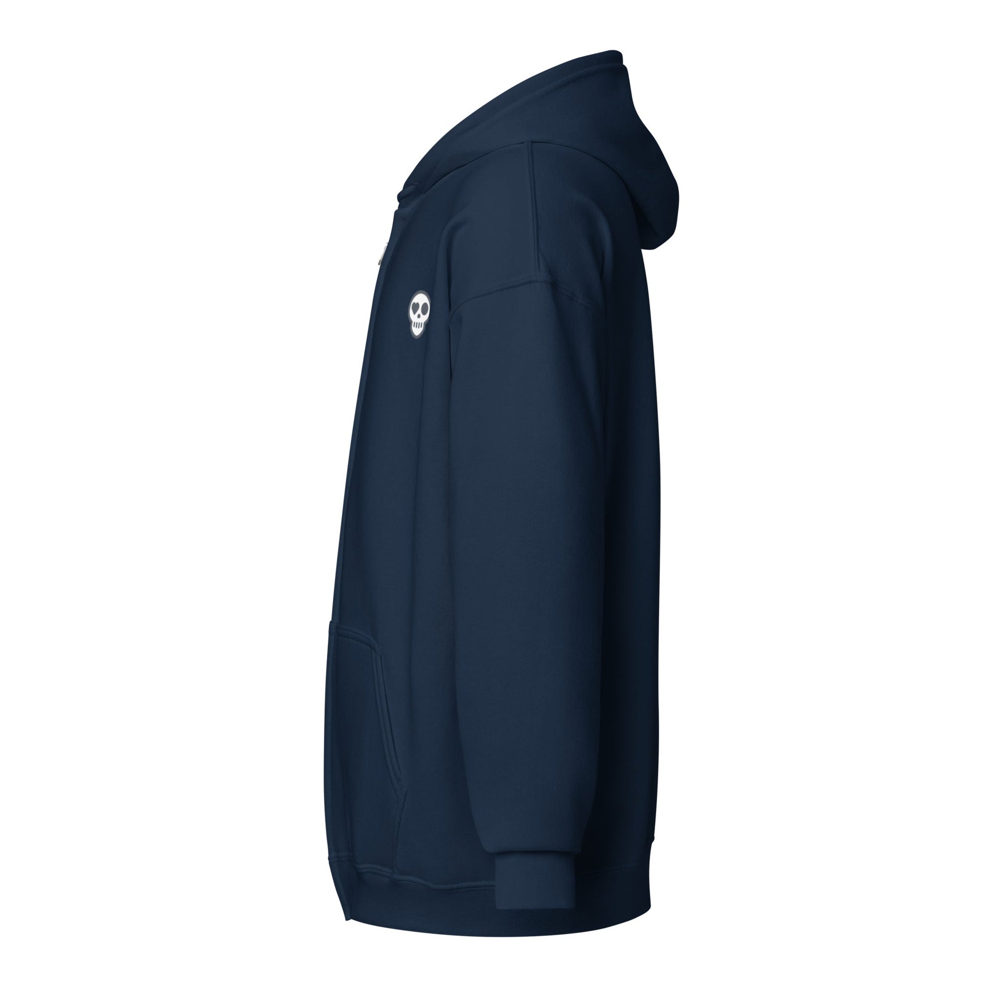A unisex_phantom zip from Phobea with a heart eye skull logo