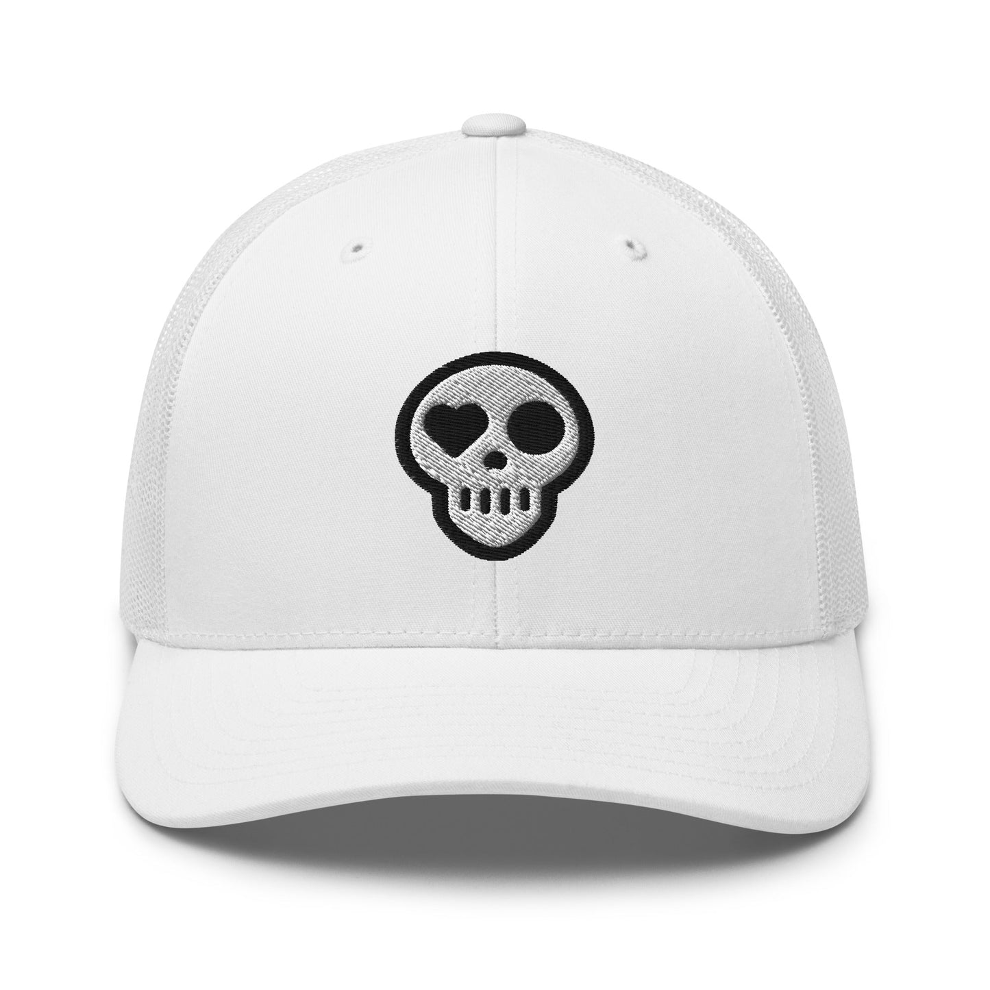 A White hats_nomad trucker from Phobea with a heart eye skull logo