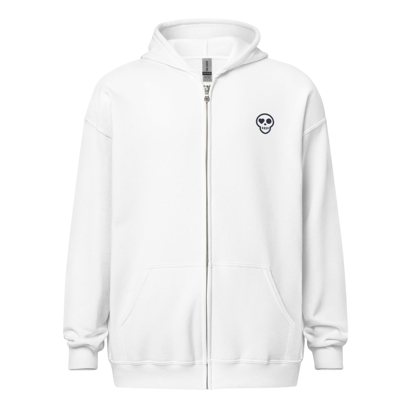 A White / S unisex_phantom zip from Phobea with a heart eye skull logo